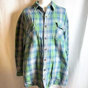 Duluth Trading Plaid Cotton Flannel Heavyweight Green & Blue Shirt Mens XL Tall